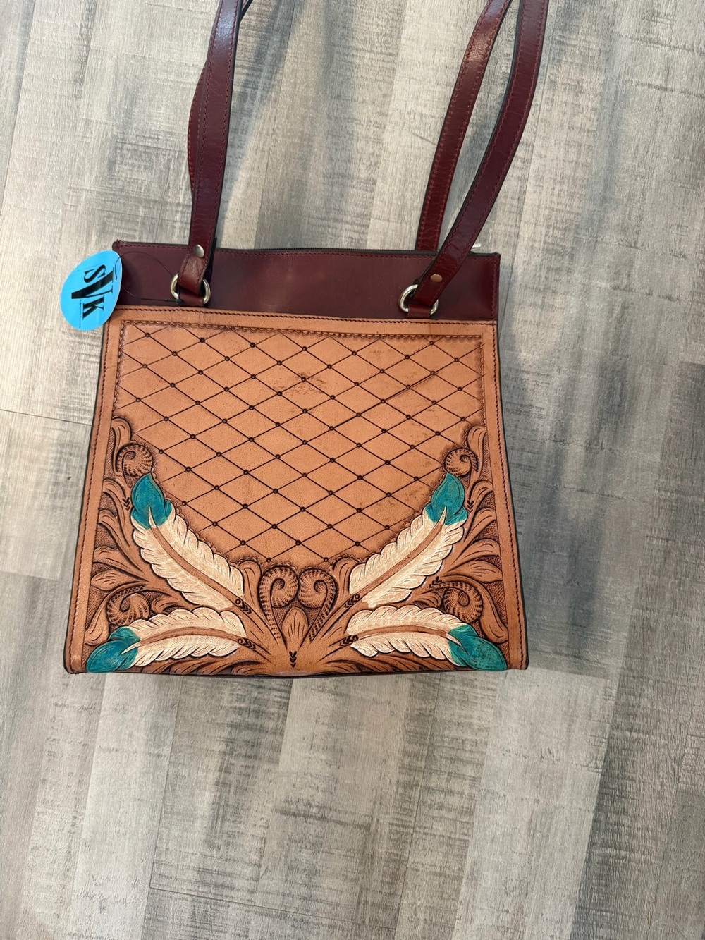 Hand Tooled Leather Tote Bag Floral Feather Turquoise Western Shoulder Purse